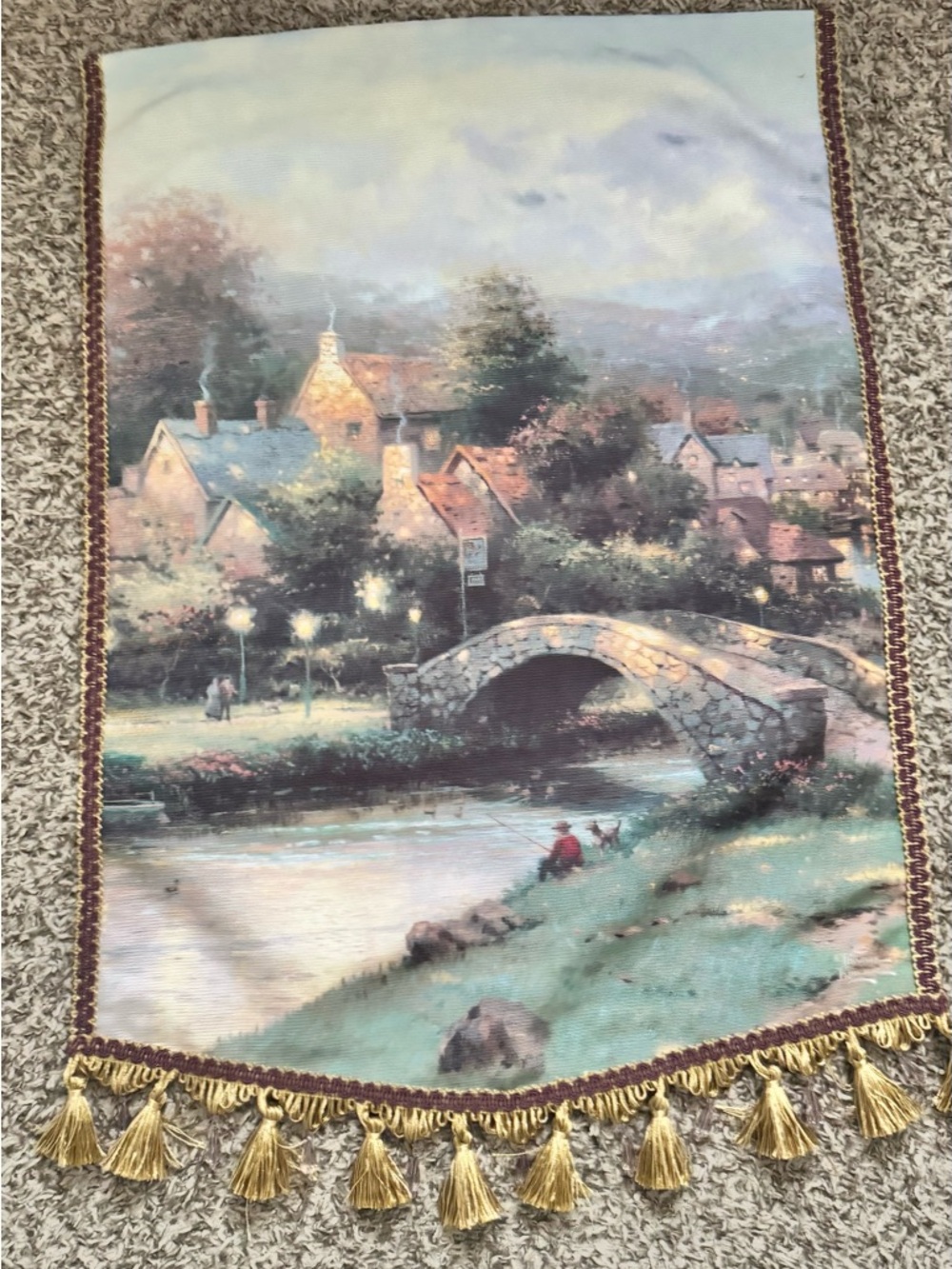 VintageScenic Village Bridge Wall Tapestry in Soft Pastel Green and Gold